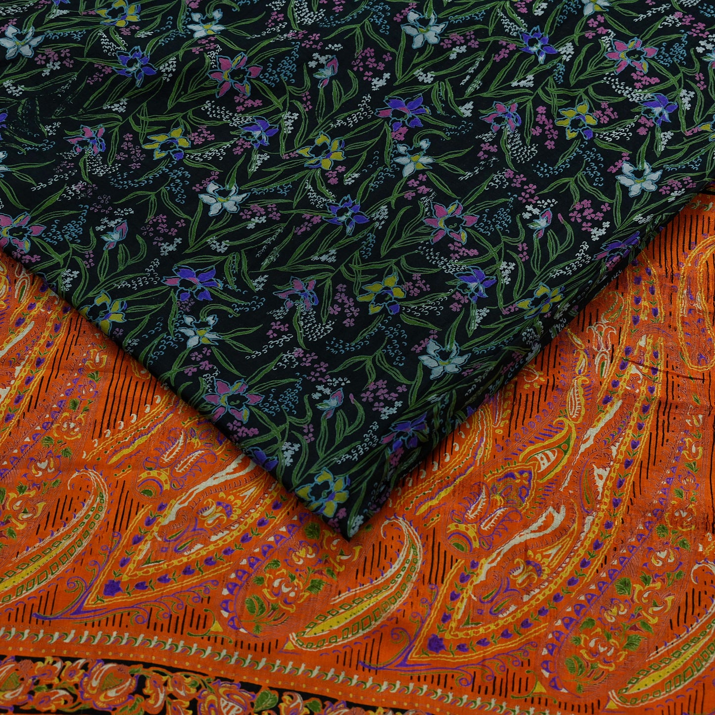 Indian Vintage Black & Orange Saree 100% Pure Silk Printed Sari Craft Fabric 5yd Sewing DressMaking Soft Quilting Upcycle For Crafting