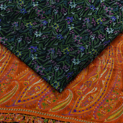 Indian Vintage Black & Orange Saree 100% Pure Silk Printed Sari Craft Fabric 5yd Sewing DressMaking Soft Quilting Upcycle For Crafting