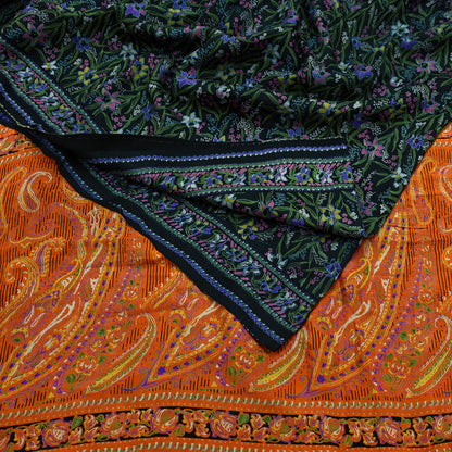 Indian Vintage Black & Orange Saree 100% Pure Silk Printed Sari Craft Fabric 5yd Sewing DressMaking Soft Quilting Upcycle For Crafting