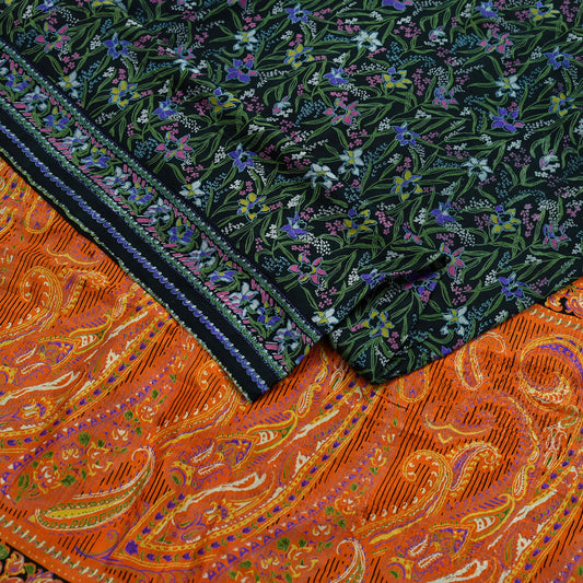 Indian Vintage Black & Orange Saree 100% Pure Silk Printed Sari Craft Fabric 5yd Sewing DressMaking Soft Quilting Upcycle For Crafting