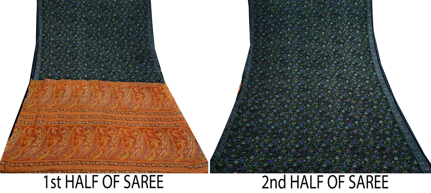 Indian Vintage Black & Orange Saree 100% Pure Silk Printed Sari Craft Fabric 5yd Sewing DressMaking Soft Quilting Upcycle For Crafting