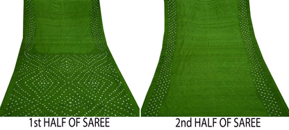 Indian Vintage Sari Green Pure Silk Bandhani Printed Sarees Fabric 6yd Floral Sewing Traditional Culture Sari Ethnic Fabric