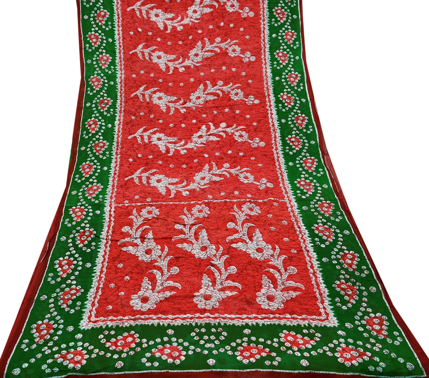 Indian Vintage Sari Red & Green Batik Printed Saree 100% Pure Cotton 5Yd Craft Fabric Soft Sewing Sarong Wrap Boho Quilting Dress Making