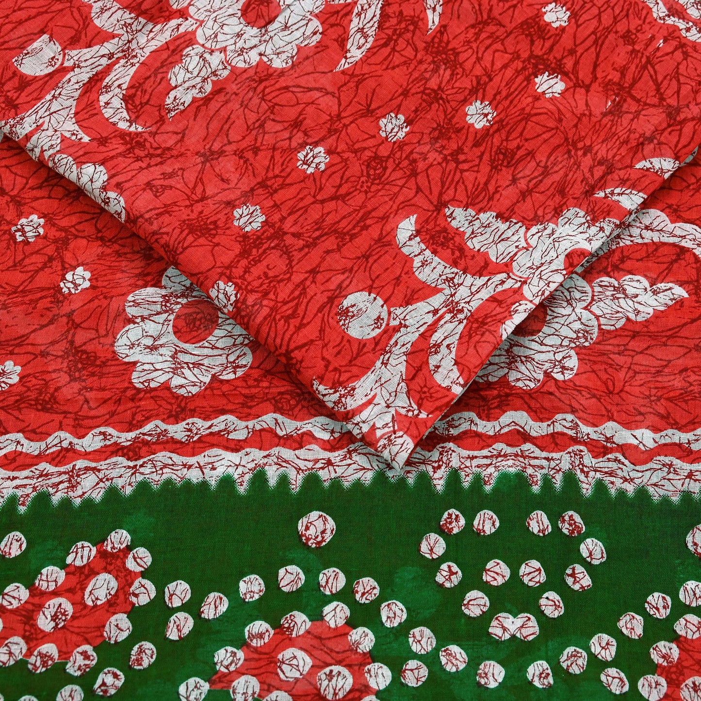 Indian Vintage Sari Red & Green Batik Printed Saree 100% Pure Cotton 5Yd Craft Fabric Soft Sewing Sarong Wrap Boho Quilting Dress Making