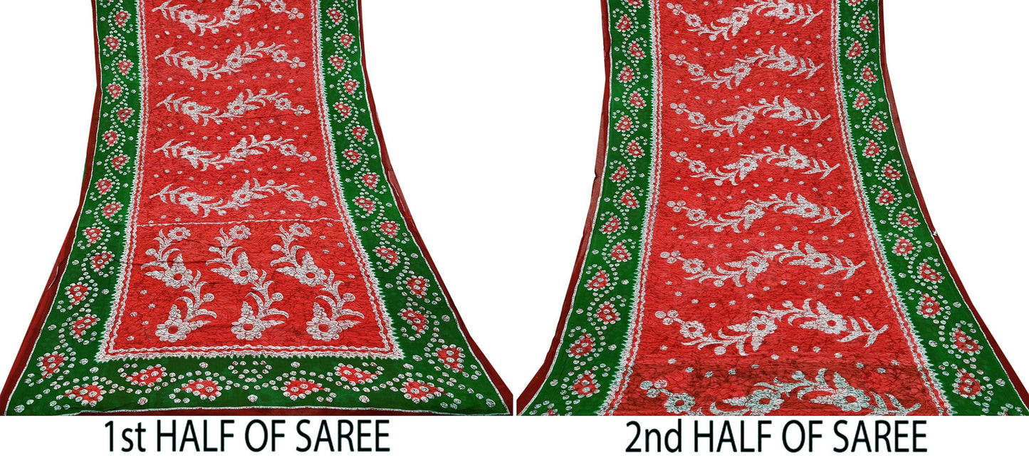 Indian Vintage Sari Red & Green Batik Printed Saree 100% Pure Cotton 5Yd Craft Fabric Soft Sewing Sarong Wrap Boho Quilting Dress Making