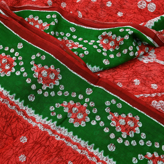 Indian Vintage Sari Red & Green Batik Printed Saree 100% Pure Cotton 5Yd Craft Fabric Soft Sewing Sarong Wrap Boho Quilting Dress Making