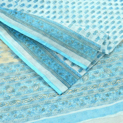 Indian Vintage Sari White & Blue Printed 100% Pure Cotton Sarees Craft Fabric 5Yd Sewing Sarong Wrap Boho Floral Quilting Crafting