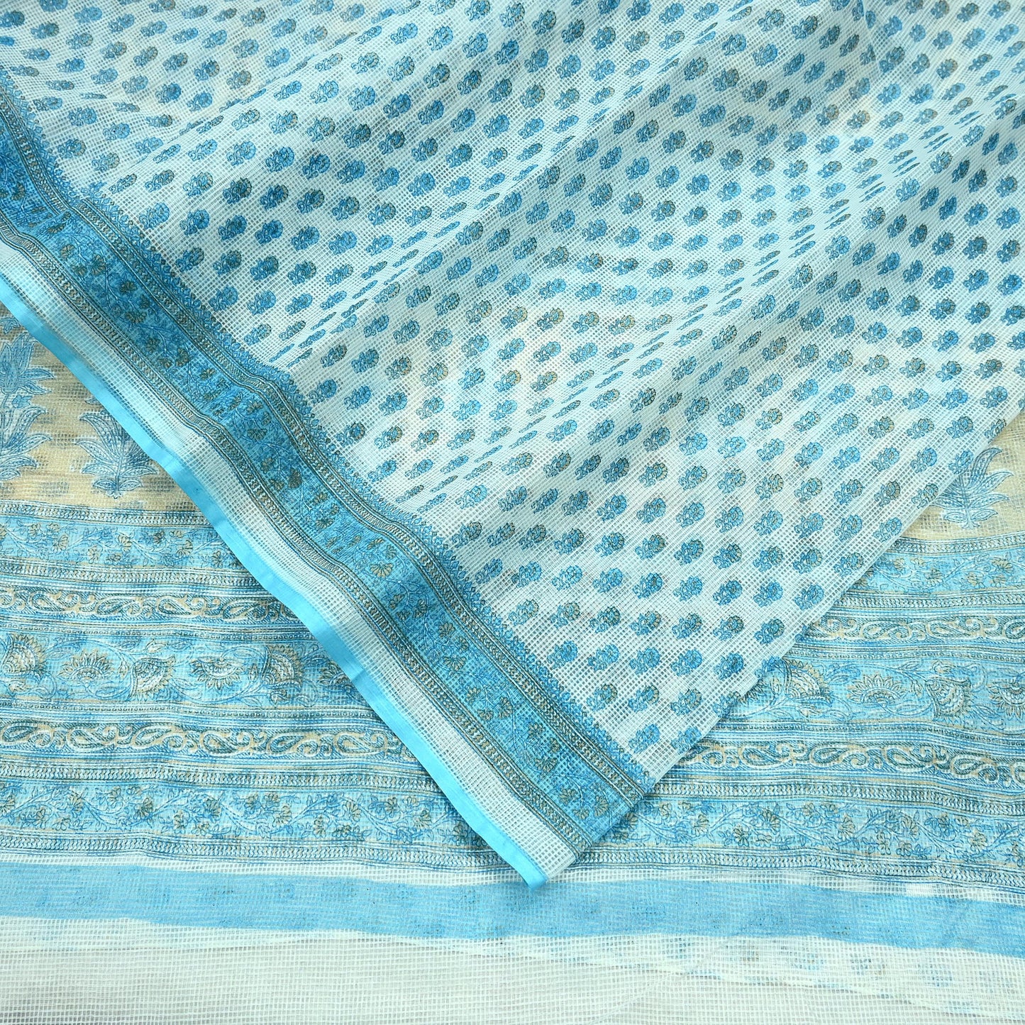 Indian Vintage Sari White & Blue Printed 100% Pure Cotton Sarees Craft Fabric 5Yd Sewing Sarong Wrap Boho Floral Quilting Crafting