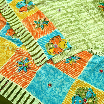 Indian Vintage Sari Ivory & Green Pure Crepe Silk Hand Embroidered Saree 5yd Sewing Floral Craft Sequins Dress making Crafting Quilting
