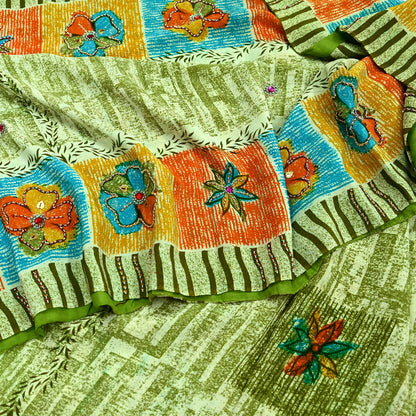 Indian Vintage Sari Ivory & Green Pure Crepe Silk Hand Embroidered Saree 5yd Sewing Floral Craft Sequins Dress making Crafting Quilting