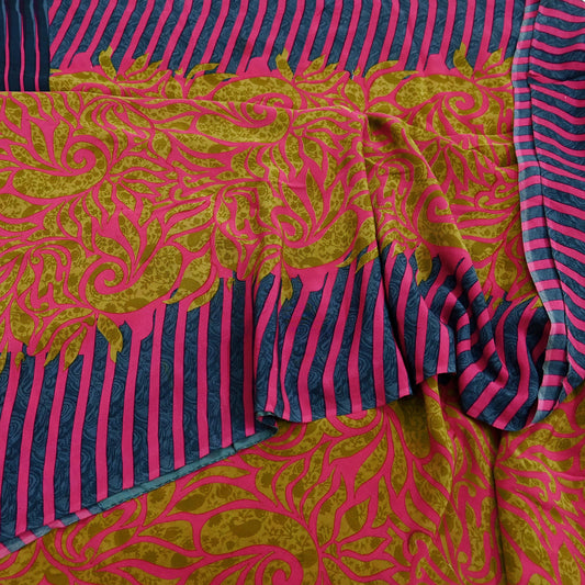 Indian Vintage Sari Green & Pink Pure Crepe Silk Printed Saree 5yd Sewing Floral Soft Craft Fabric Wrap Dress making Crafting Quilting