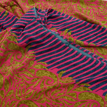 Indian Vintage Sari Green & Pink Pure Crepe Silk Printed Saree 5yd Sewing Floral Soft Craft Fabric Wrap Dress making Crafting Quilting