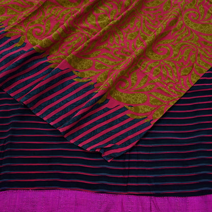 Indian Vintage Sari Green & Pink Pure Crepe Silk Printed Saree 5yd Sewing Floral Soft Craft Fabric Wrap Dress making Crafting Quilting