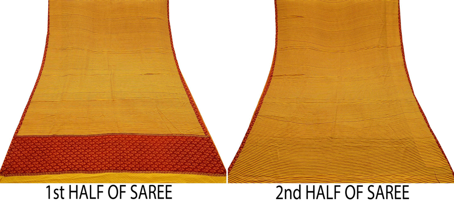 Indian Vintage Sari Red & Yellow Pure Crepe Silk Printed Sarees 5yd Sewing Floral Soft Craft Fabric Wrap Dress Making Crafting Quilting