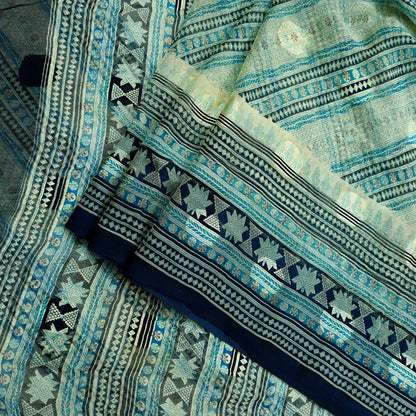 Indian Vintage Sari Ivory & Blue Pure Chiffon Silk Printed Sarees 6Yd Craft Fabric Sewing Soft  Dress Making Upcycle Quilting