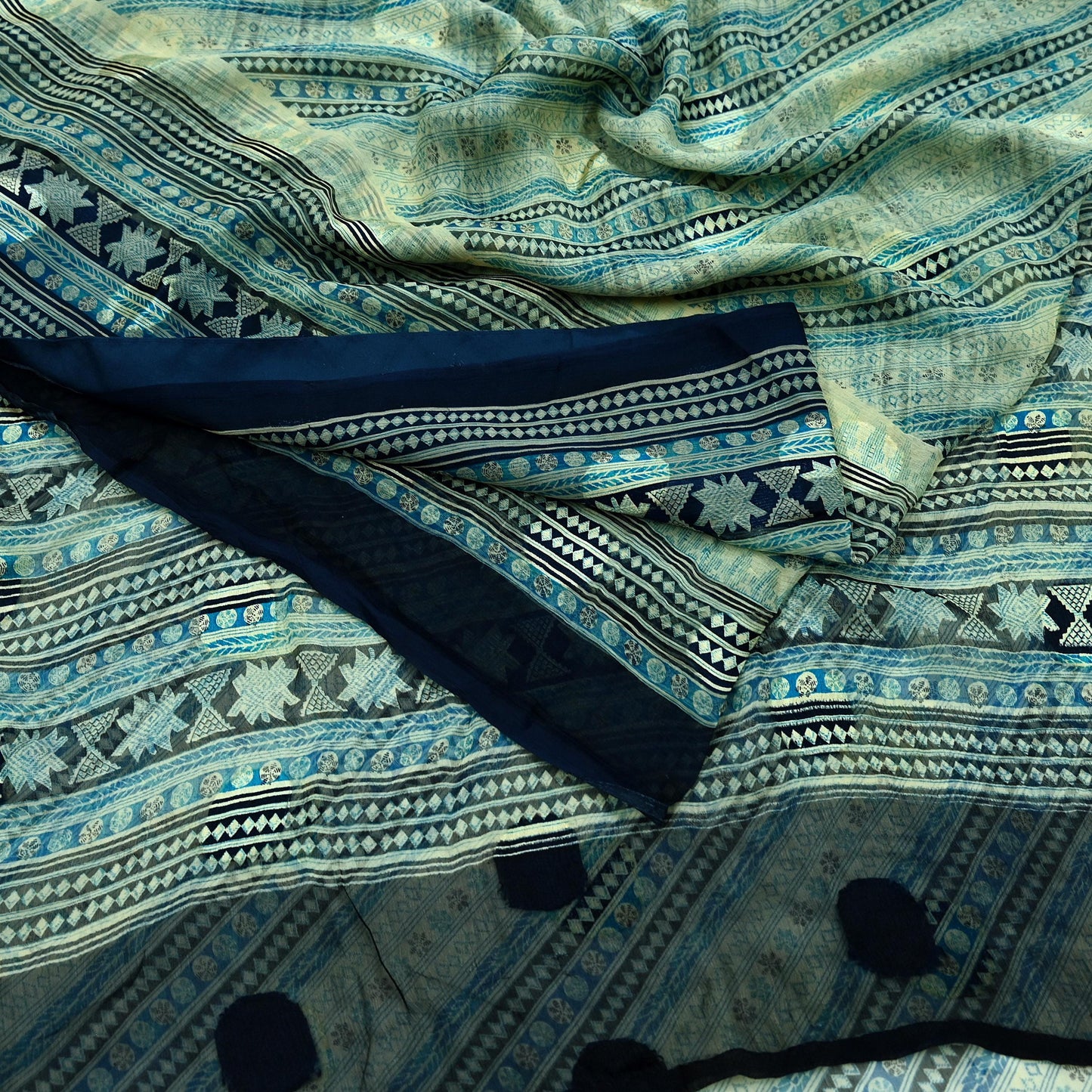 Indian Vintage Sari Ivory & Blue Pure Chiffon Silk Printed Sarees 6Yd Craft Fabric Sewing Soft  Dress Making Upcycle Quilting