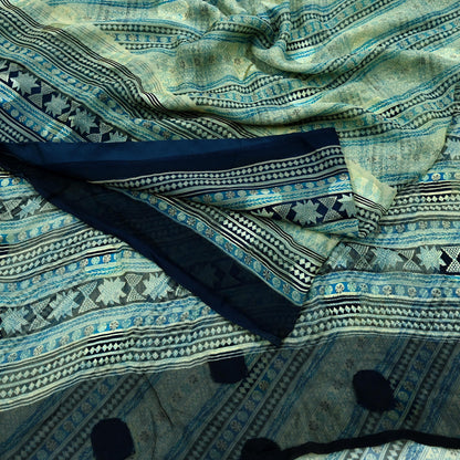 Indian Vintage Sari Ivory & Blue Pure Chiffon Silk Printed Sarees 6Yd Craft Fabric Sewing Soft  Dress Making Upcycle Quilting