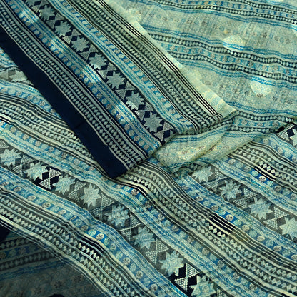 Indian Vintage Sari Ivory & Blue Pure Chiffon Silk Printed Sarees 6Yd Craft Fabric Sewing Soft  Dress Making Upcycle Quilting