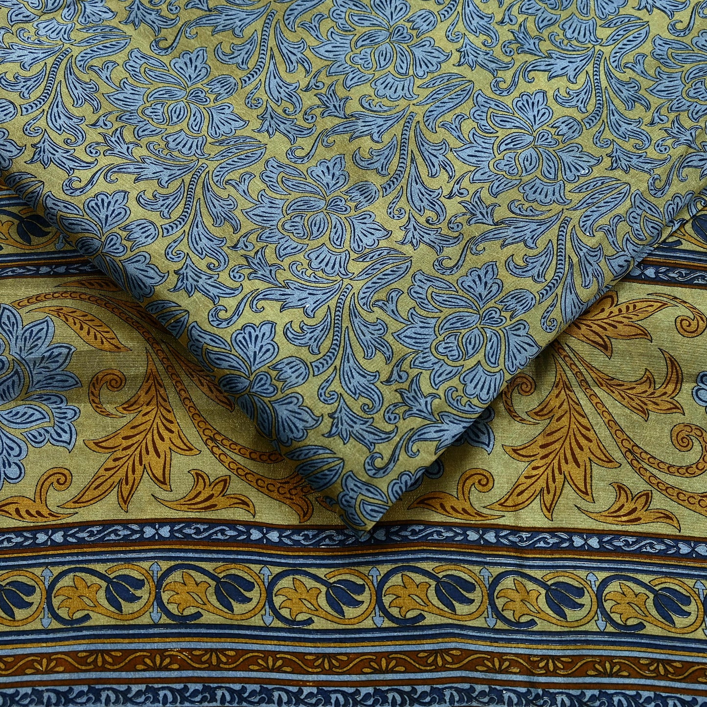 Indian Vintage Sari Green & Gray Pure Silk Printed Sarees Craft Fabric 5yd Sewing Dress Making Floral Crafting Quilting Upcycle Used