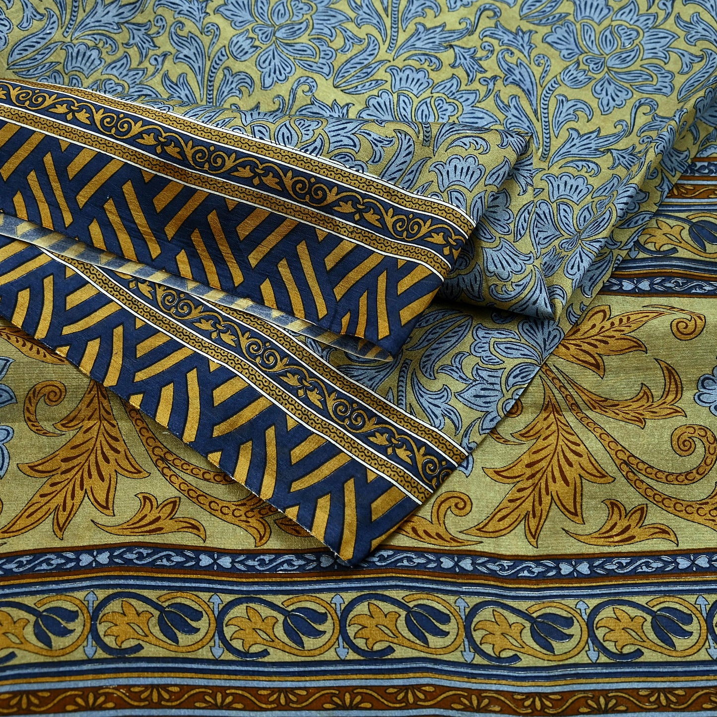 Indian Vintage Sari Green & Gray Pure Silk Printed Sarees Craft Fabric 5yd Sewing Dress Making Floral Crafting Quilting Upcycle Used