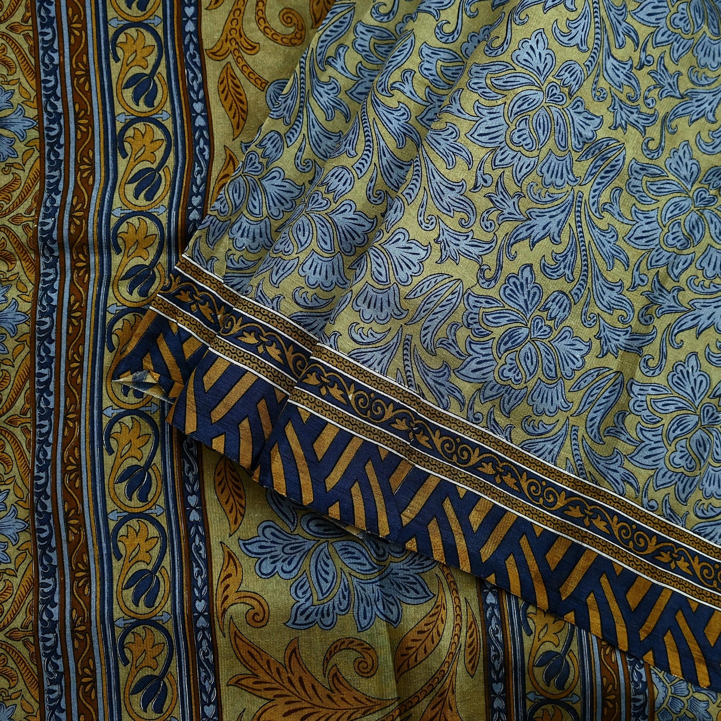 Indian Vintage Sari Green & Gray Pure Silk Printed Sarees Craft Fabric 5yd Sewing Dress Making Floral Crafting Quilting Upcycle Used