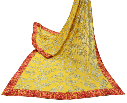 Indian Vintage Dupatta Yellow Pure Georgette silk Long Stole Embroidered Scarves Stole Veil Wrap Sequins