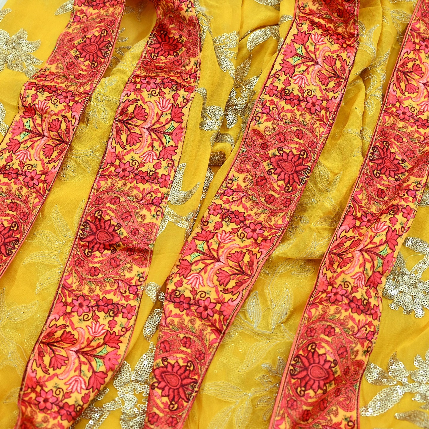 Indian Vintage Dupatta Yellow Pure Georgette silk Long Stole Embroidered Scarves Stole Veil Wrap Sequins