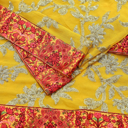 Indian Vintage Dupatta Yellow Pure Georgette silk Long Stole Embroidered Scarves Stole Veil Wrap Sequins