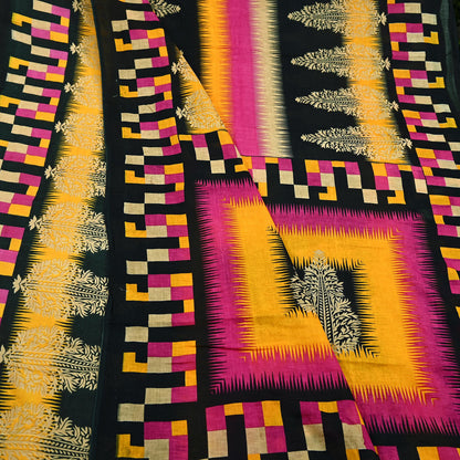 Indian Vintage Sari Pink & Black Printed 100% Pure Cotton Saree Soft Craft Fabric 5Yd Sewing Sarong Wrap Boho Dress Making Crafting Quilting