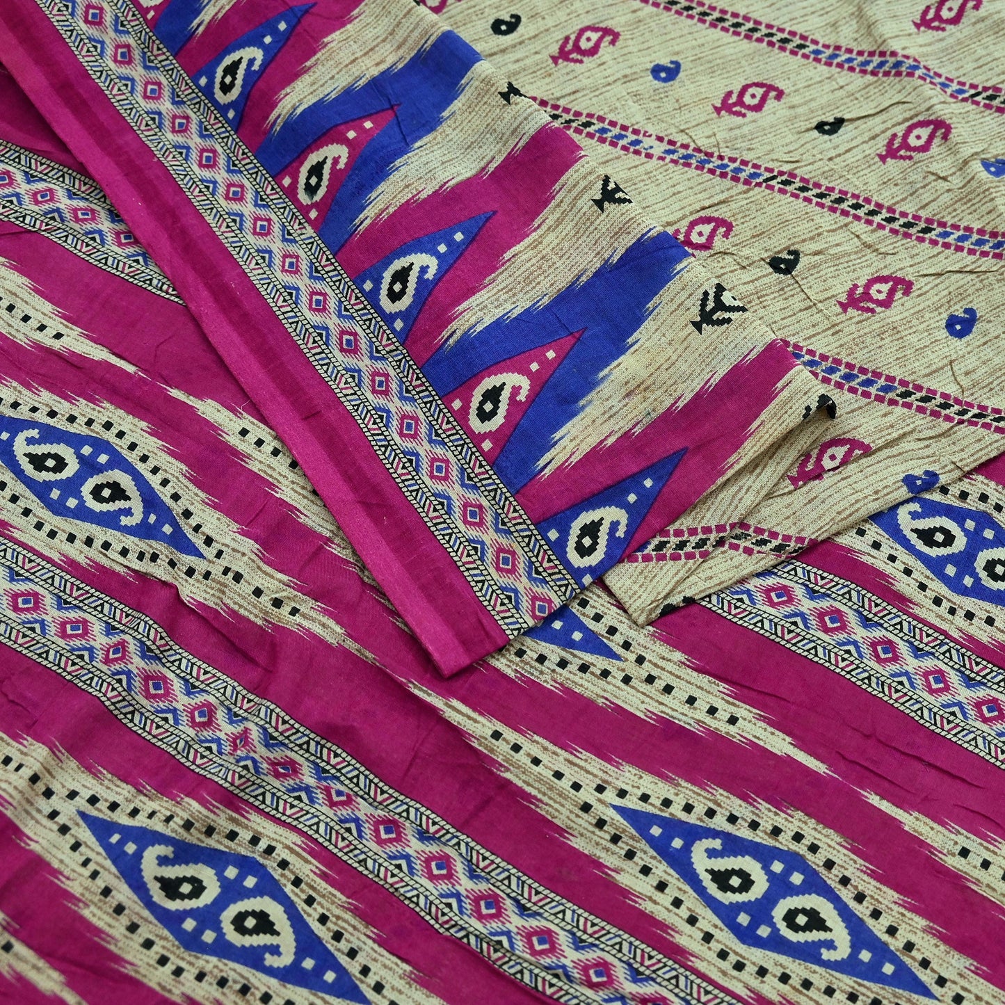 Indian Vintage Pink & Beige Saree Printed 100% Pure Cotton Sari Craft Fabric 5Yd Sewing Sarong Wrap Floral Dress making Quilting Crafting