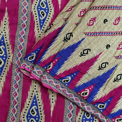 Indian Vintage Pink & Beige Saree Printed 100% Pure Cotton Sari Craft Fabric 5Yd Sewing Sarong Wrap Floral Dress making Quilting Crafting