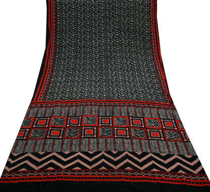 Indian Vintage Beige & Black Saree Pure Crepe Silk Printed Sari Craft Fabric 5yd Sewing Floral Soft Wrap Dress making Crafting Quilting