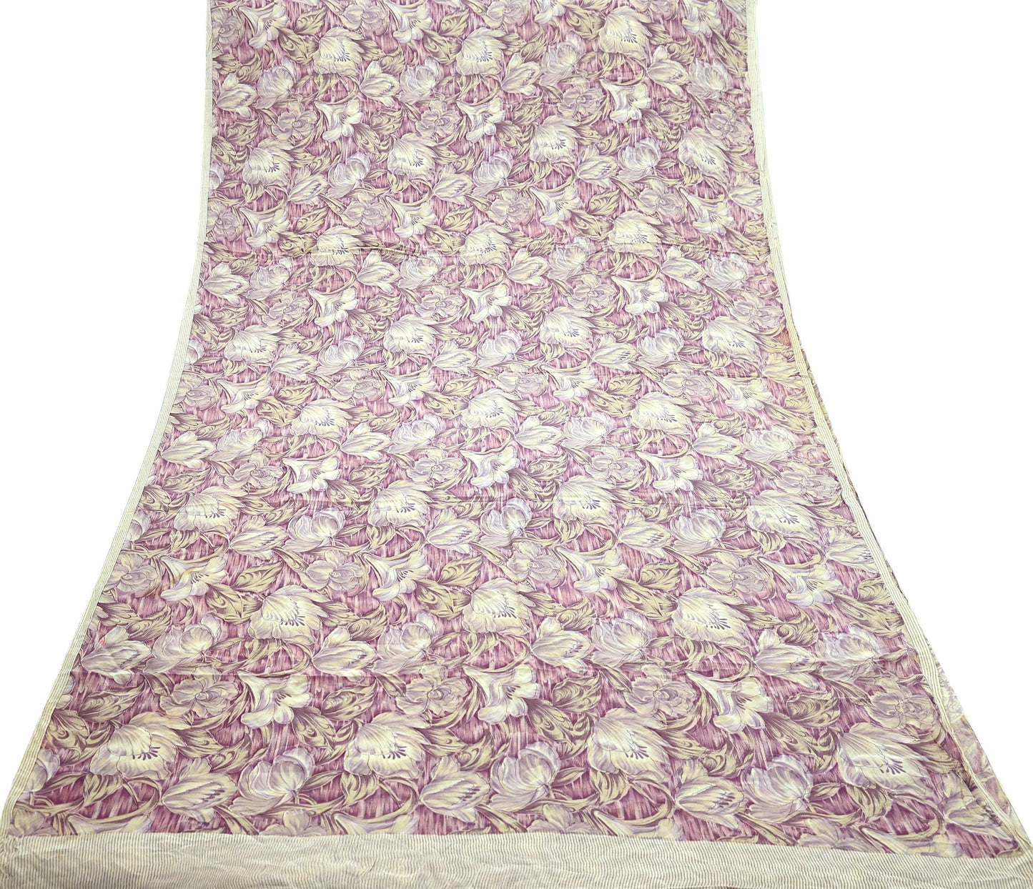 Indian Vintage Beige & Purple Saree Pure Crepe Silk Printed Sari Craft Fabric 5yd Sewing Floral Soft Dress making For Crafting Quilting