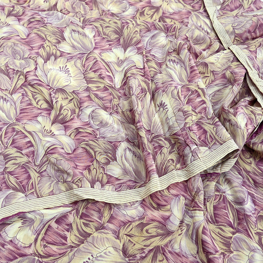 Indian Vintage Beige & Purple Saree Pure Crepe Silk Printed Sari Craft Fabric 5yd Sewing Floral Soft Dress making For Crafting Quilting