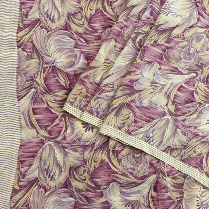 Indian Vintage Beige & Purple Saree Pure Crepe Silk Printed Sari Craft Fabric 5yd Sewing Floral Soft Dress making For Crafting Quilting