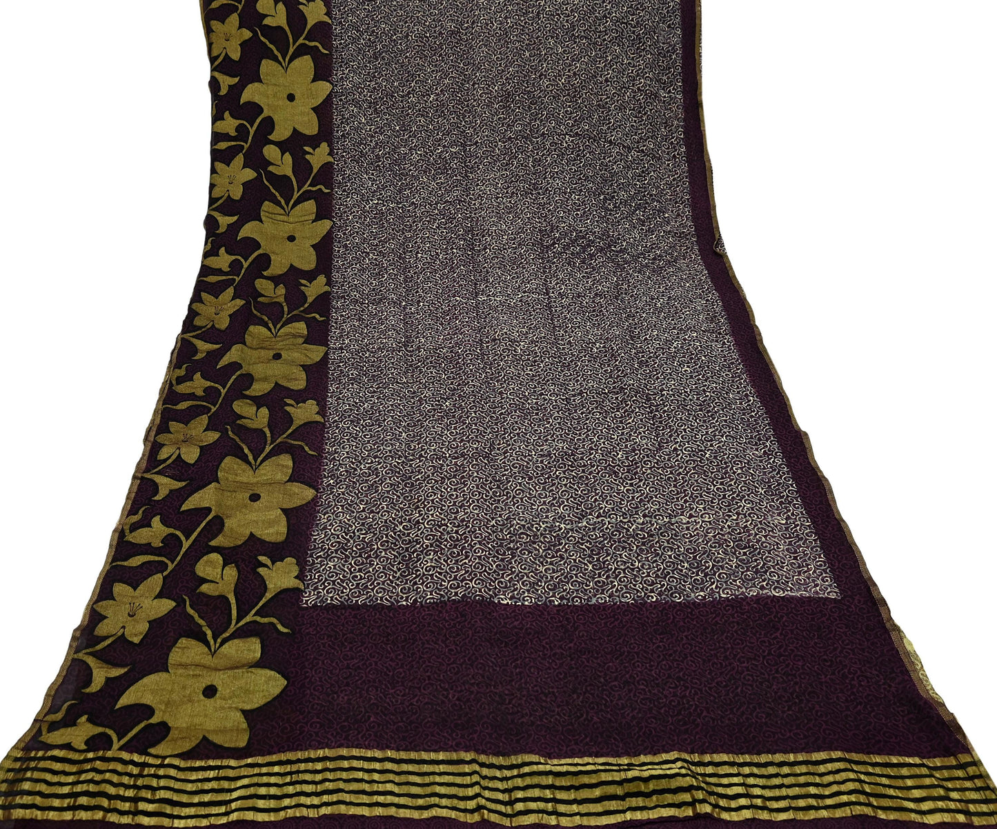 Indian Vintage Sari Beige & Maroon Pure Georgette Silk Printed Sarees Craft Fabric Sewing 5Yd Dress Making Crafting Quilting Upcycle Zari