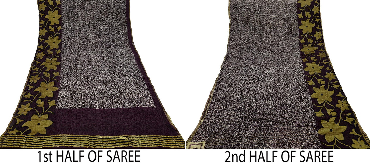 Indian Vintage Sari Beige & Maroon Pure Georgette Silk Printed Sarees Craft Fabric Sewing 5Yd Dress Making Crafting Quilting Upcycle Zari