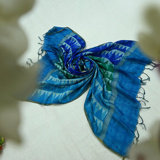 Indian Vintage Green & Blue Dupatta Long Stole Block Print Pure Chanderi Silk Indian Scarves Veil Golden Zari Floral Design For her