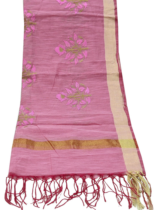 Indian Vintage Dupatta Pink Long Stole Hand Woven Chanderi Scarf Veil Soft Floral Zari Fringes