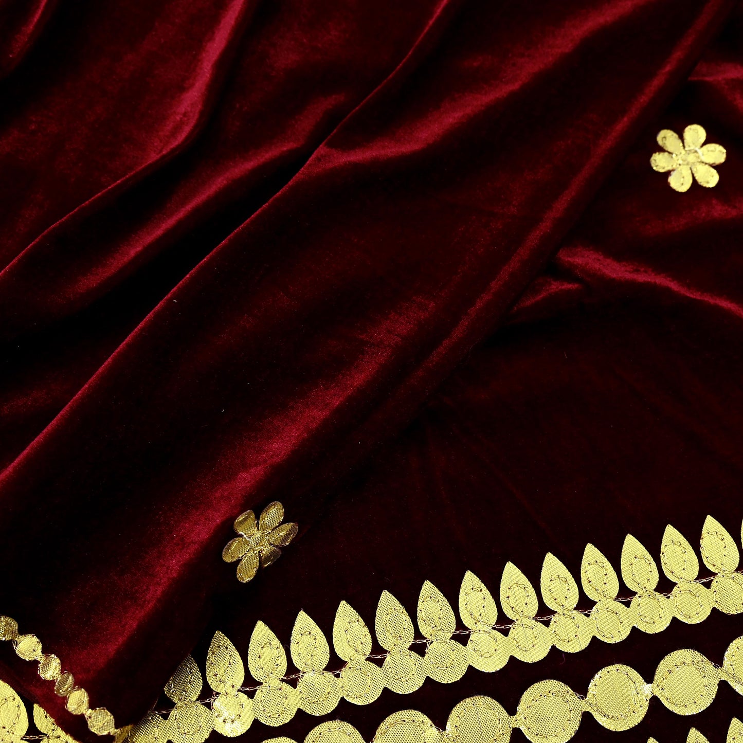 Indian Vintage Dupatta Maroon Velvet Long Stole Embroidered Scarves Golden Gota Patti Stole