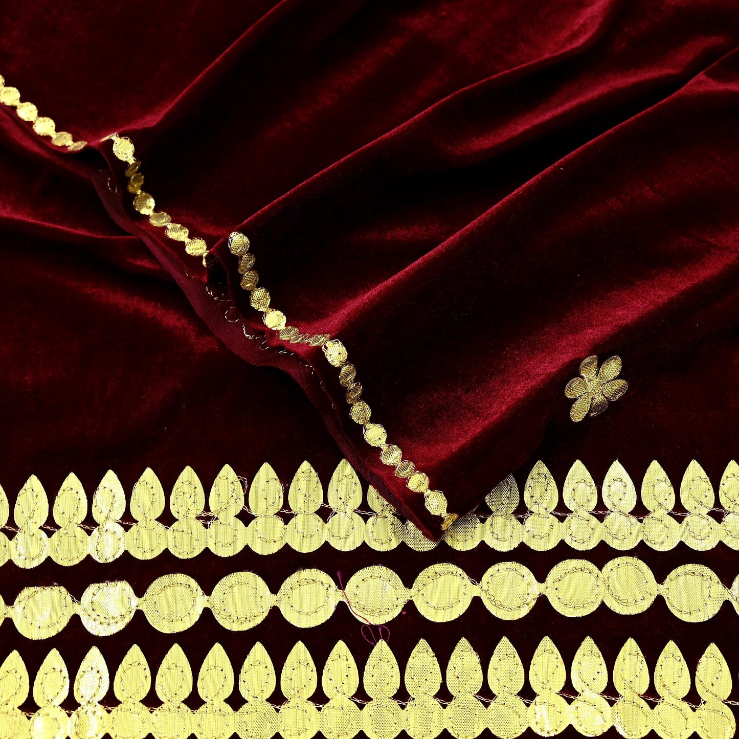 Indian Vintage Dupatta Maroon Velvet Long Stole Embroidered Scarves Golden Gota Patti Stole
