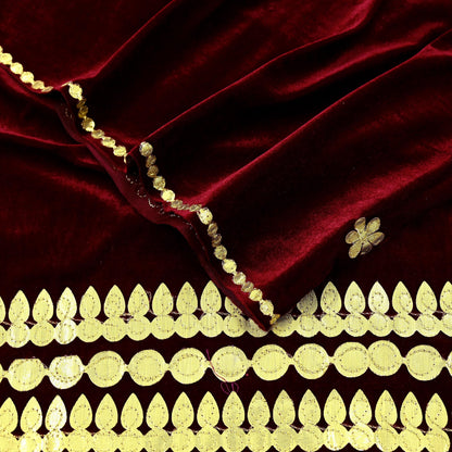 Indian Vintage Dupatta Maroon Velvet Long Stole Embroidered Scarves Golden Gota Patti Stole