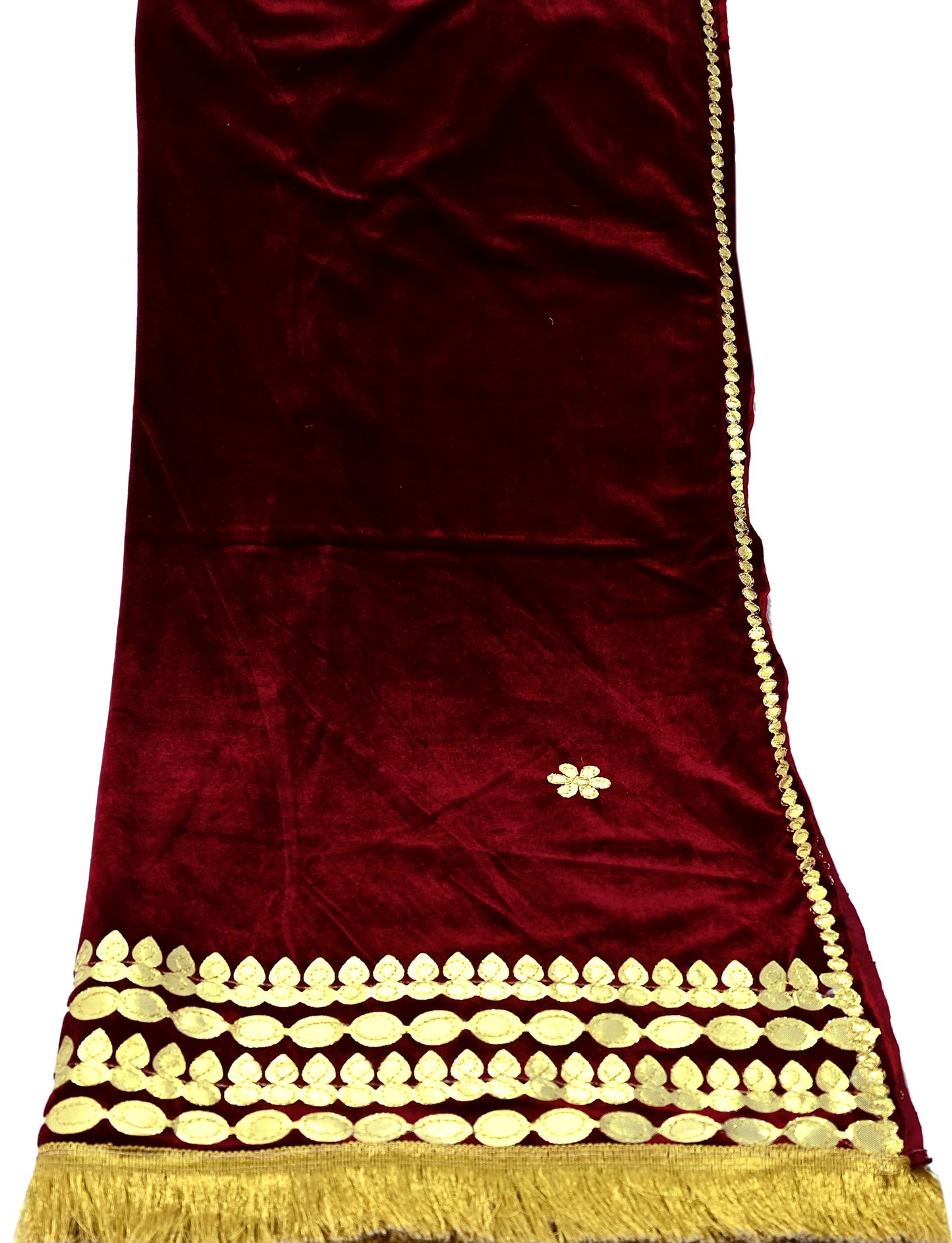 Indian Vintage Dupatta Maroon Velvet Long Stole Embroidered Scarves Golden Gota Patti Stole