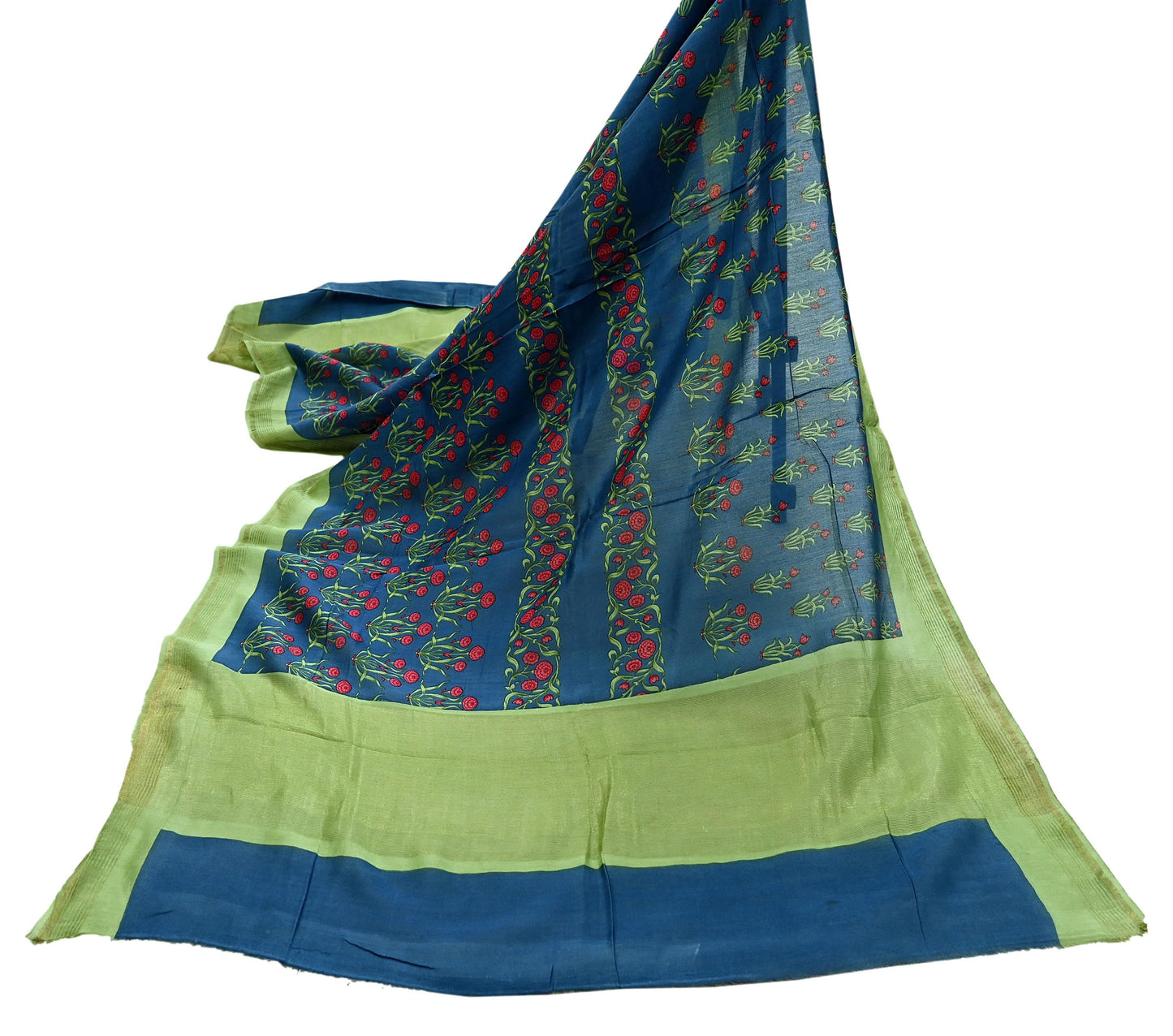 Indian Vintage Green & Blue Dupatta Long Stole Block Print Pure Chanderi Silk Indian Scarves Veil Golden Zari Floral Design For her