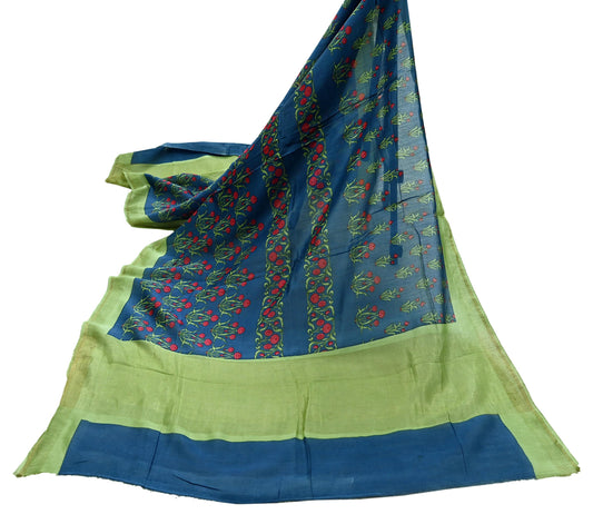 Indian Vintage Green & Blue Dupatta Long Stole Block Print Pure Chanderi Silk Indian Scarves Veil Golden Zari Floral Design For her