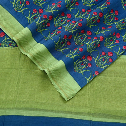 Indian Vintage Green & Blue Dupatta Long Stole Block Print Pure Chanderi Silk Indian Scarves Veil Golden Zari Floral Design For her