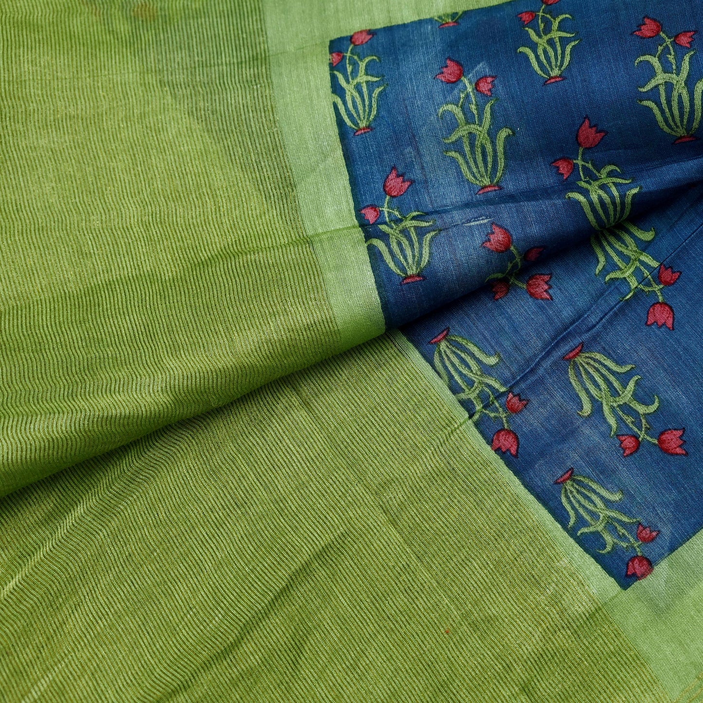 Indian Vintage Green & Blue Dupatta Long Stole Block Print Pure Chanderi Silk Indian Scarves Veil Golden Zari Floral Design For her
