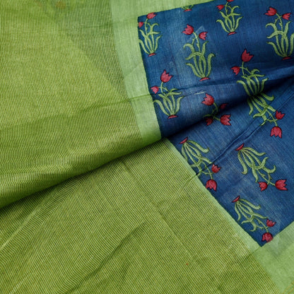 Indian Vintage Green & Blue Dupatta Long Stole Block Print Pure Chanderi Silk Indian Scarves Veil Golden Zari Floral Design For her