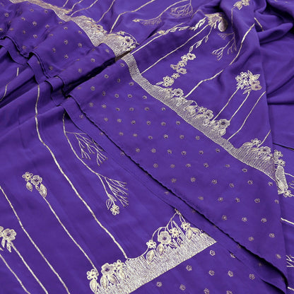 Indian Vintage Heavy Sarees Purple Pure Crepe Silk Hand Embroidered Sari Craft Fabric 5Yd Sewing Zardozi/Dabka Dress making