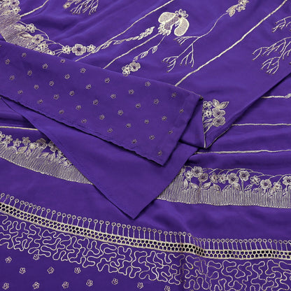 Indian Vintage Heavy Sarees Purple Pure Crepe Silk Hand Embroidered Sari Craft Fabric 5Yd Sewing Zardozi/Dabka Dress making